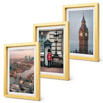 Bilderwand mit ikonischen Ansichten von London inklusive der Brücke und dem Big Ben