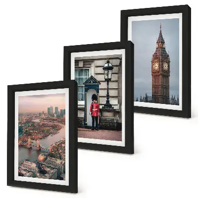 Bilderwand mit ikonischen Ansichten von London inklusive der Brücke und dem Big Ben