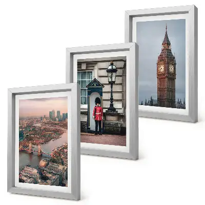 Bilderwand mit ikonischen Ansichten von London inklusive der Brücke und dem Big Ben