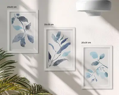 Bilderset mit Rahmen blaue Blätter auf hellem Hintergrund im Aquarellstil
