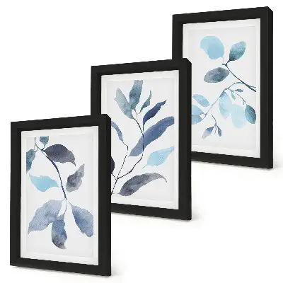 Bilderset mit Rahmen blaue Blätter auf hellem Hintergrund im Aquarellstil