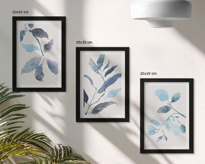 Bilderset mit rahmen Blaue Blätter auf hellem Hintergrund, Aquarellstil