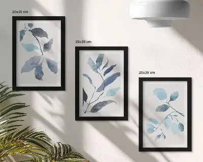 Bilderset mit Rahmen blaue Blätter auf hellem Hintergrund im Aquarellstil