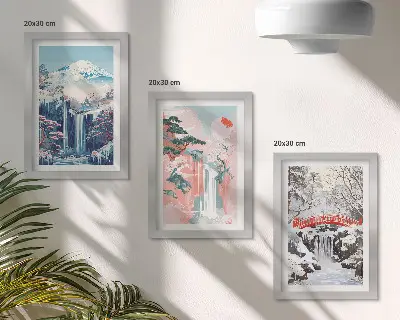 Bilderwand mit Berglandschaften und Wasserfällen aus verschiedenen Jahreszeiten