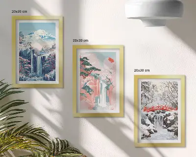 Bilderwand mit Berglandschaften und Wasserfällen aus verschiedenen Jahreszeiten