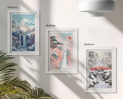 Bilderwand mit Berglandschaften und Wasserfällen aus verschiedenen Jahreszeiten