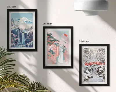 Bilderwand mit Berglandschaften und Wasserfällen aus verschiedenen Jahreszeiten