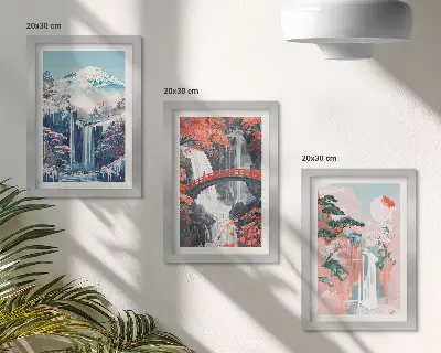 Bilderset mit Rahmen Wasserfälle, Berge, Brücke und blühende Bäume