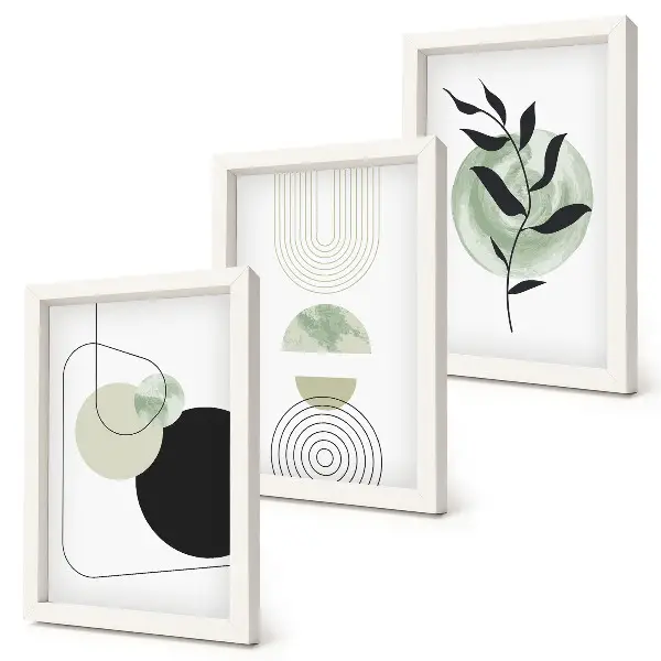 Bilderwand mit abstrakten Formen und Pflanzenmotiven in Grün