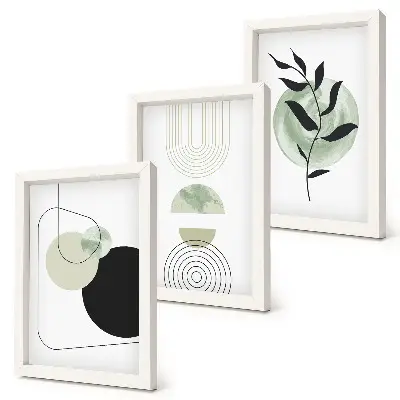 Bilderwand mit abstrakten Formen und Pflanzenmotiven in Grün
