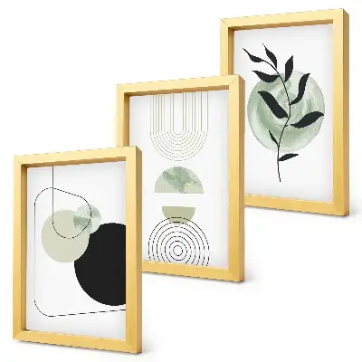 Bilderwand mit abstrakten Formen und Pflanzenmotiven in Grün