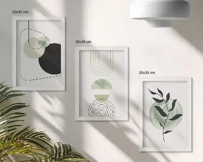 Bilderwand mit abstrakten Formen und Pflanzenmotiven in Grün