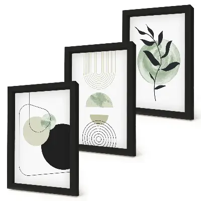 Bilderwand mit abstrakten Formen und Pflanzenmotiven in Grün