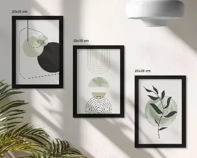 Bilderwand mit abstrakten Formen und Pflanzenmotiven in Grün