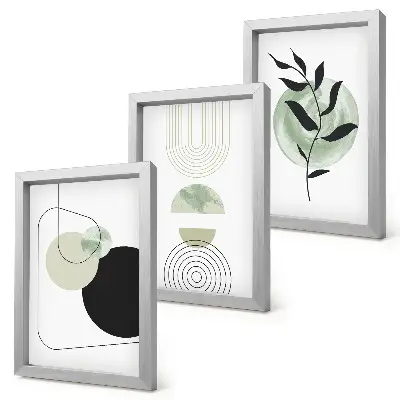 Bilderwand mit abstrakten Formen und Pflanzenmotiven in Grün