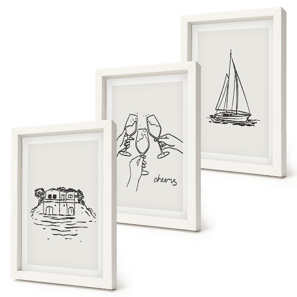 Bilderwand Blick auf das Haus am Wasser, Toast mit Gläsern, Segelboot