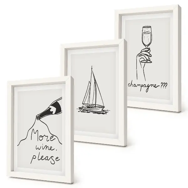 Weinsegelboot-Champagnerglas im linearen Stil als gerahmtes Bilderset