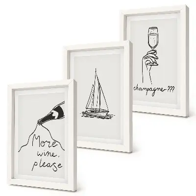 Weinsegelboot-Champagnerglas im linearen Stil als gerahmtes Bilderset
