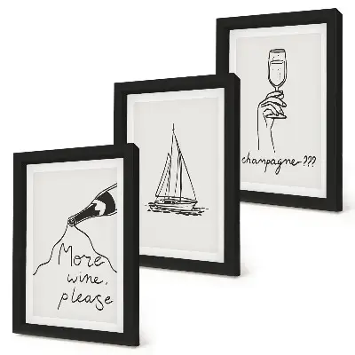 Weinsegelboot-Champagnerglas im linearen Stil als gerahmtes Bilderset