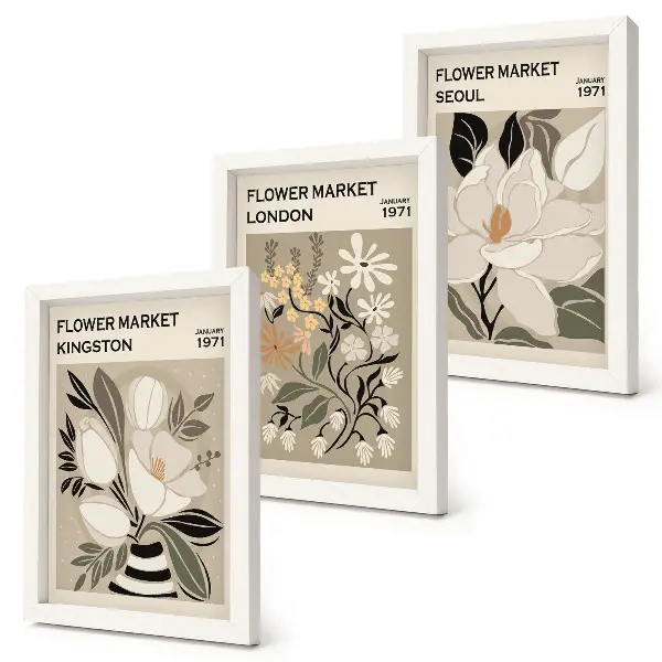 Bilderwand mit Retro-Blumen aus verschiedenen Städten der Welt