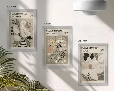 Bilderwand mit Retro-Blumen aus verschiedenen Städten der Welt