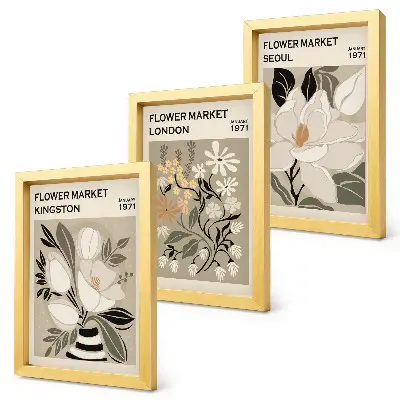 Bilderwand mit Retro-Blumen aus verschiedenen Städten der Welt