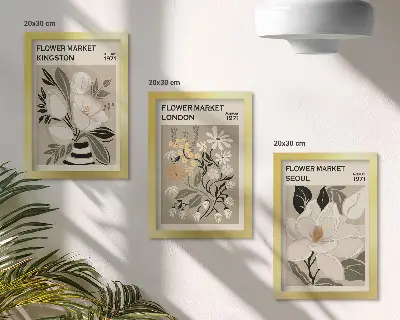 Bilderwand mit Retro-Blumen aus verschiedenen Städten der Welt