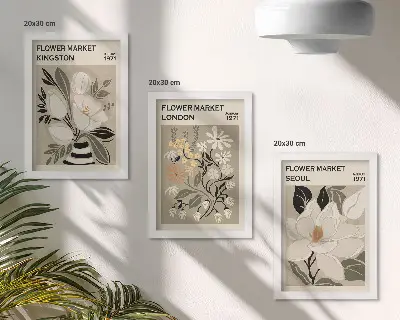 Bilderwand mit Retro-Blumen aus verschiedenen Städten der Welt