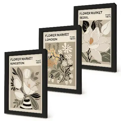 Bilderwand mit Retro-Blumen aus verschiedenen Städten der Welt