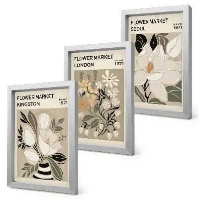 Bilderwand mit Retro-Blumen aus verschiedenen Städten der Welt
