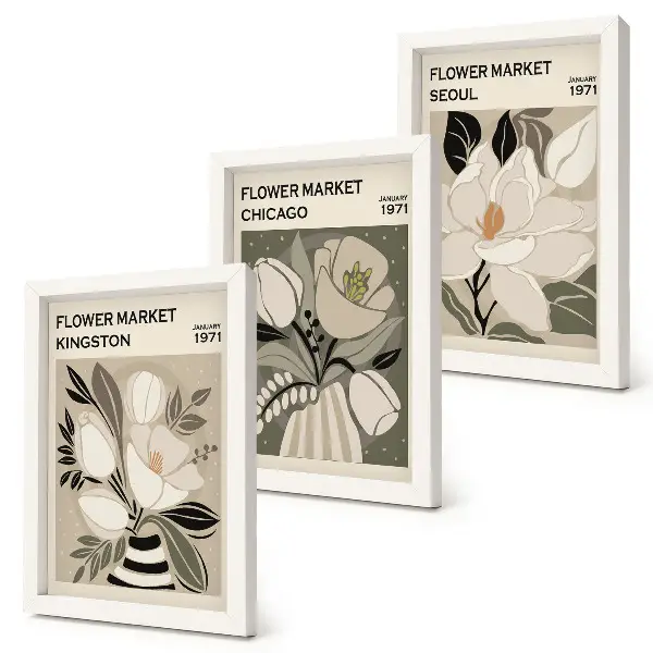 Bilderwand mit Blumenmotiven von Märkten in Kingston, Chicago und Seoul im Retro-Stil
