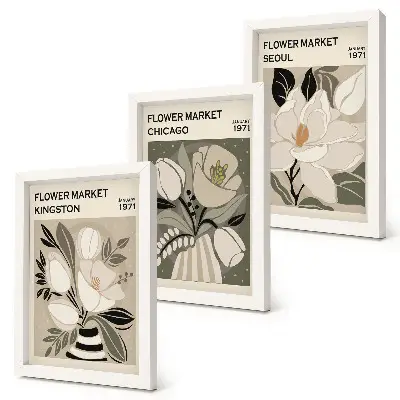 Bilderwand mit Blumenmotiven von Märkten in Kingston, Chicago und Seoul im Retro-Stil