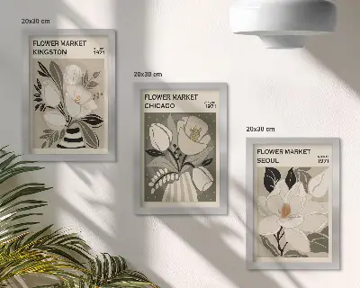 Bilderwand mit Blumenmotiven von Märkten in Kingston, Chicago und Seoul im Retro-Stil