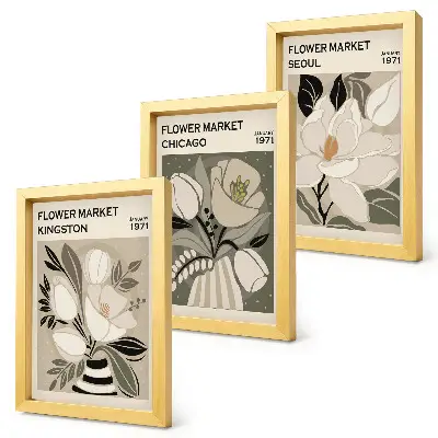 Bilderwand mit Blumenmotiven von Märkten in Kingston, Chicago und Seoul im Retro-Stil