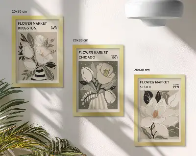 Bilderwand mit Blumenmotiven von Märkten in Kingston, Chicago und Seoul im Retro-Stil