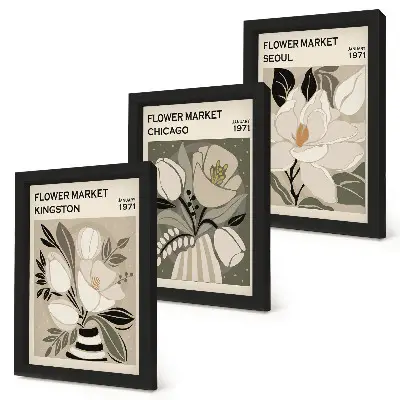 Bilderwand mit Blumenmotiven von Märkten in Kingston, Chicago und Seoul im Retro-Stil