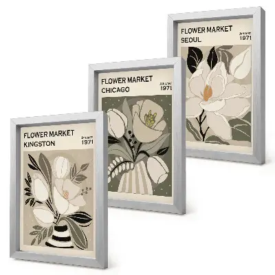 Bilderwand mit Blumenmotiven von Märkten in Kingston, Chicago und Seoul im Retro-Stil