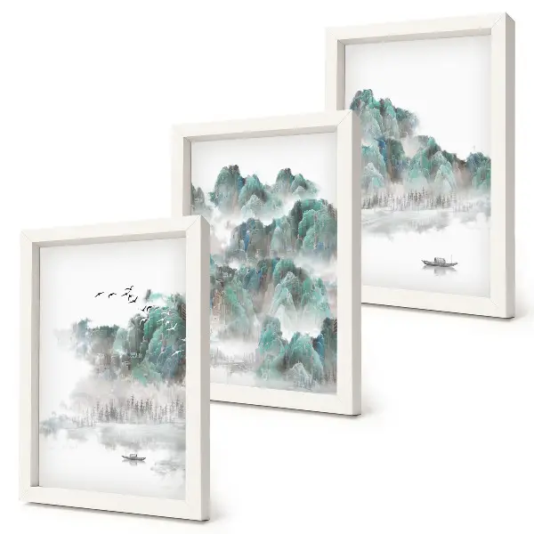 Bilderset mit Rahmen Berge in den Wolken mit Vögeln und einem Boot im Japandi-Stil
