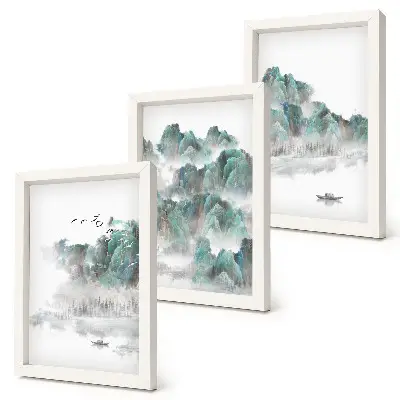 Bilderset mit Rahmen Berge in den Wolken mit Vögeln und einem Boot im Japandi-Stil