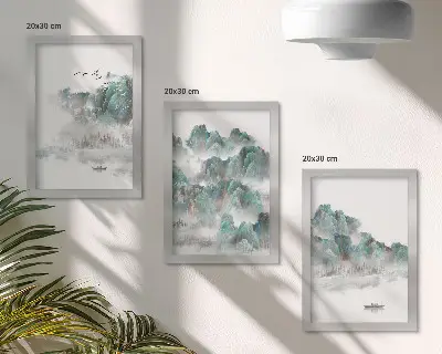Bilderset mit Rahmen Berge in den Wolken mit Vögeln und einem Boot im Japandi-Stil