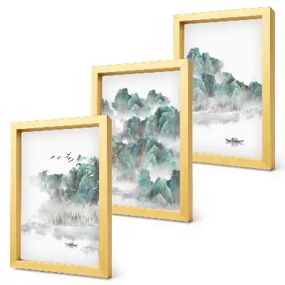 Bilderset mit Rahmen Berge in den Wolken mit Vögeln und einem Boot im Japandi-Stil