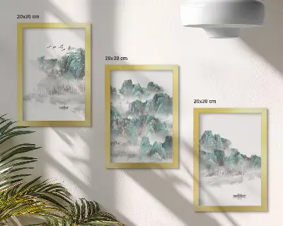Bilderset mit Rahmen Berge in den Wolken mit Vögeln und einem Boot im Japandi-Stil