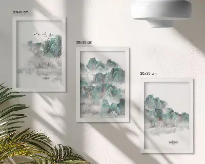 Bilderset mit Rahmen Berge in den Wolken mit Vögeln und einem Boot im Japandi-Stil