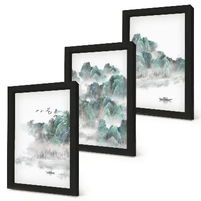 Bilderset mit Rahmen Berge in den Wolken mit Vögeln und einem Boot im Japandi-Stil