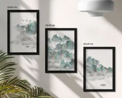 Bilderset mit Rahmen Berge in den Wolken mit Vögeln und einem Boot im Japandi-Stil