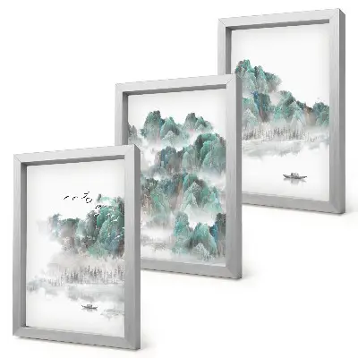 Bilderset mit Rahmen Berge in den Wolken mit Vögeln und einem Boot im Japandi-Stil
