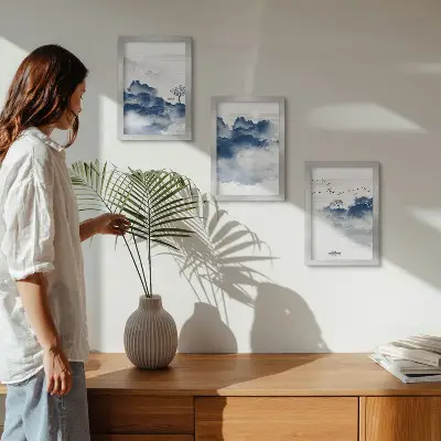 Fototapete mit Wolkenbergen, Bäumen und Vögeln im Hintergrund