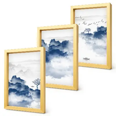 Fototapete mit Wolkenbergen, Bäumen und Vögeln im Hintergrund
