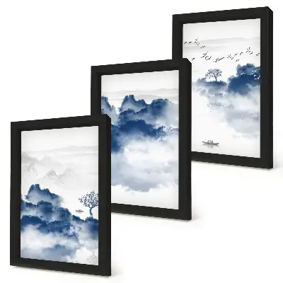 Fototapete mit Wolkenbergen, Bäumen und Vögeln im Hintergrund