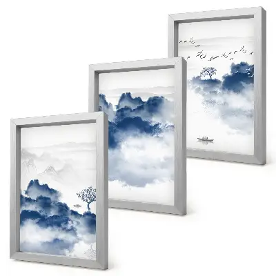 Fototapete mit Wolkenbergen, Bäumen und Vögeln im Hintergrund